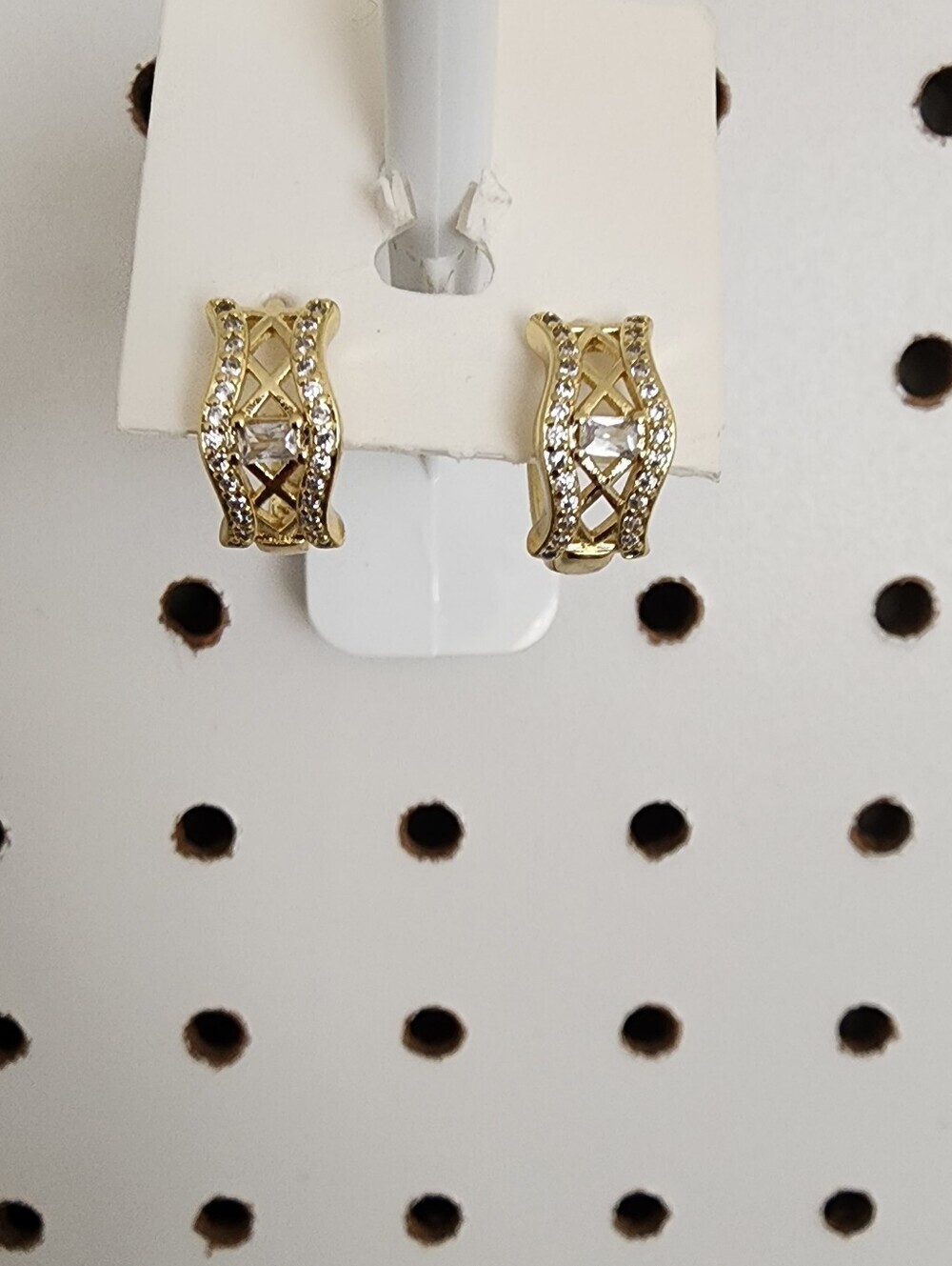 Gold Plated Mini Hoop Earrings CZ Baguette Crystal Lattice Huggies - Picture 4 of 5